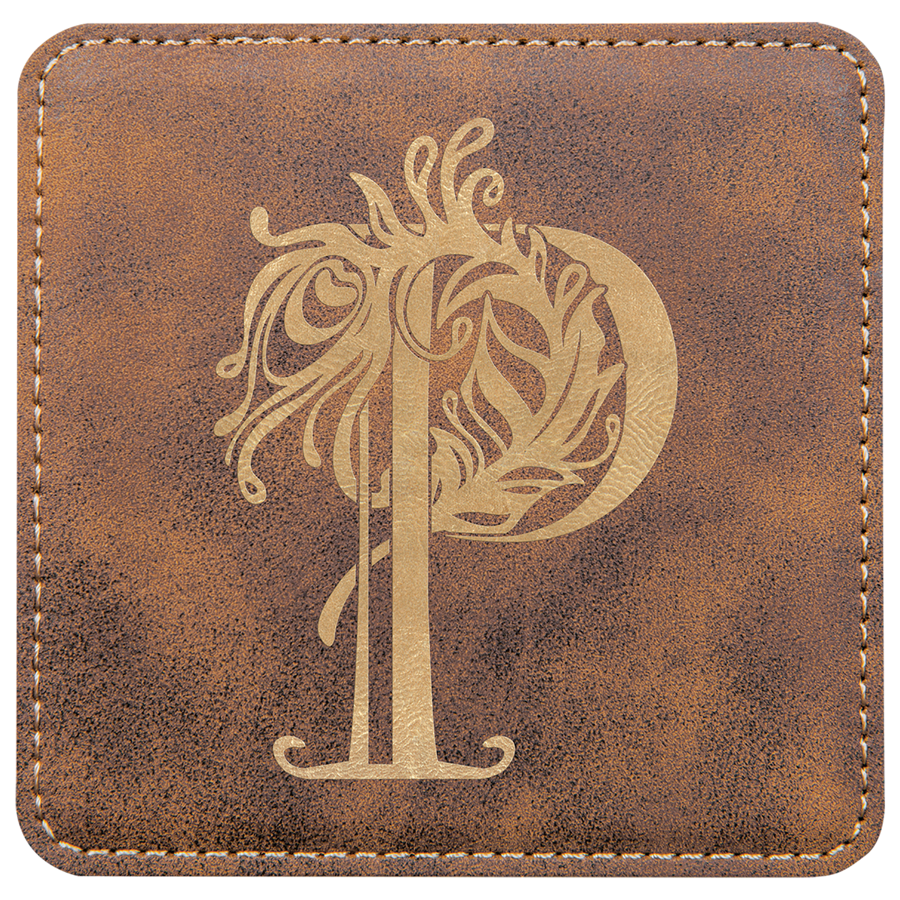 Coaster - Rustic/Gold Square Leatherette, 6 Coaster set with holder