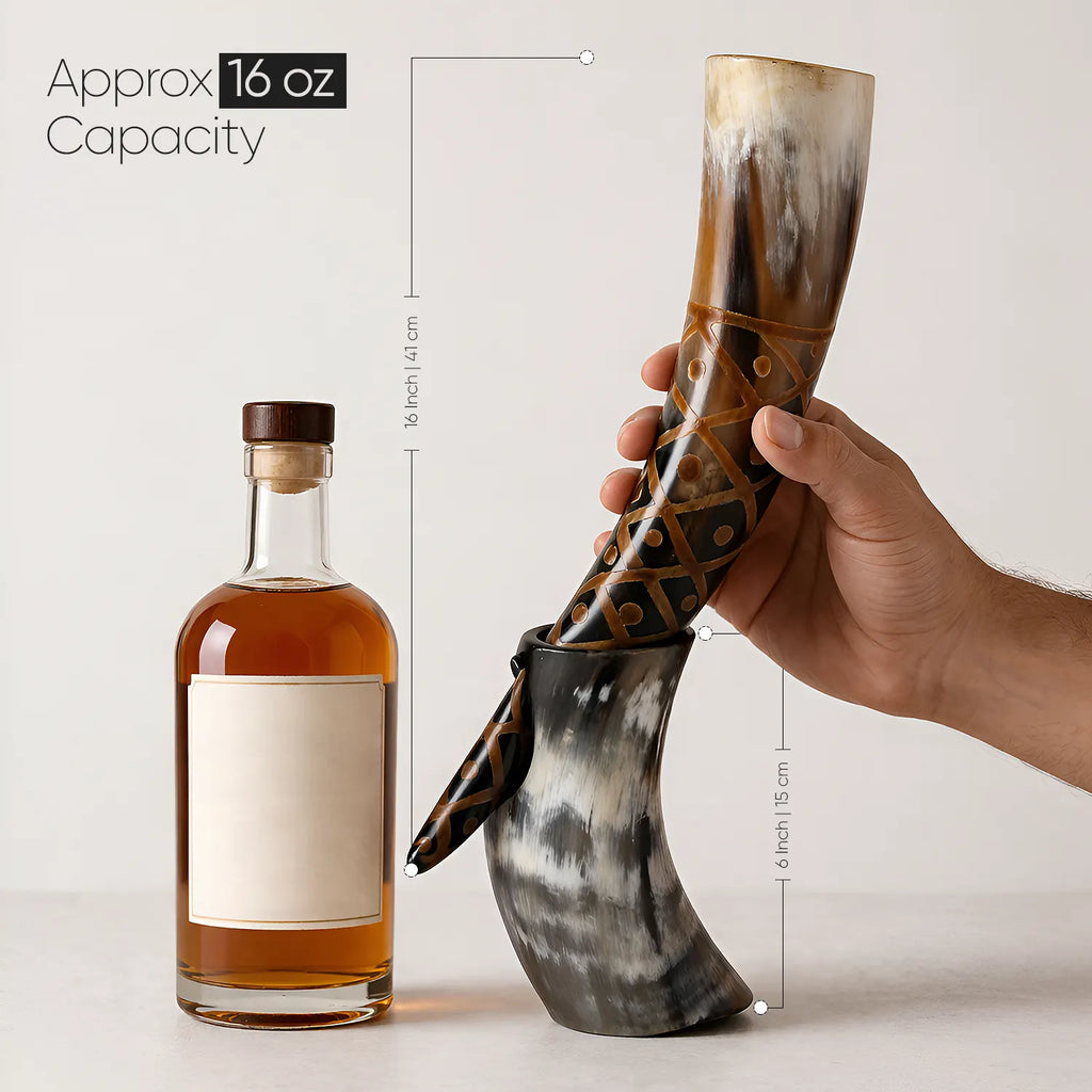 Real Ox Horn Drinking Horn with Stand 16 oz Beer Mug Gift