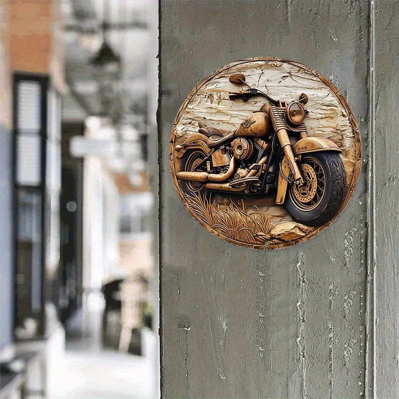 Round Faux Wooden Carved Painted Circular Wreath Sign, Entrance Decoration Gifts Motorcycle Themed Decoration