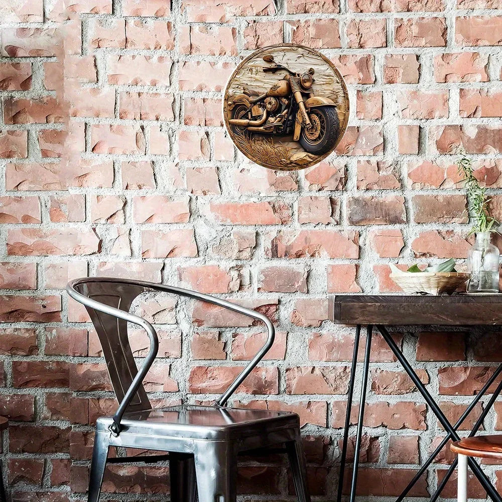 Round Faux Wooden Carved Painted Circular Wreath Sign, Entrance Decoration Gifts Motorcycle Themed Decoration