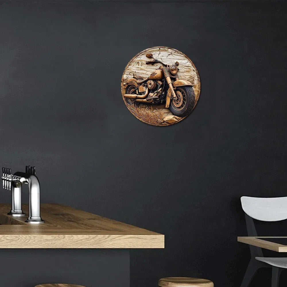 Round Faux Wooden Carved Painted Circular Wreath Sign, Entrance Decoration Gifts Motorcycle Themed Decoration