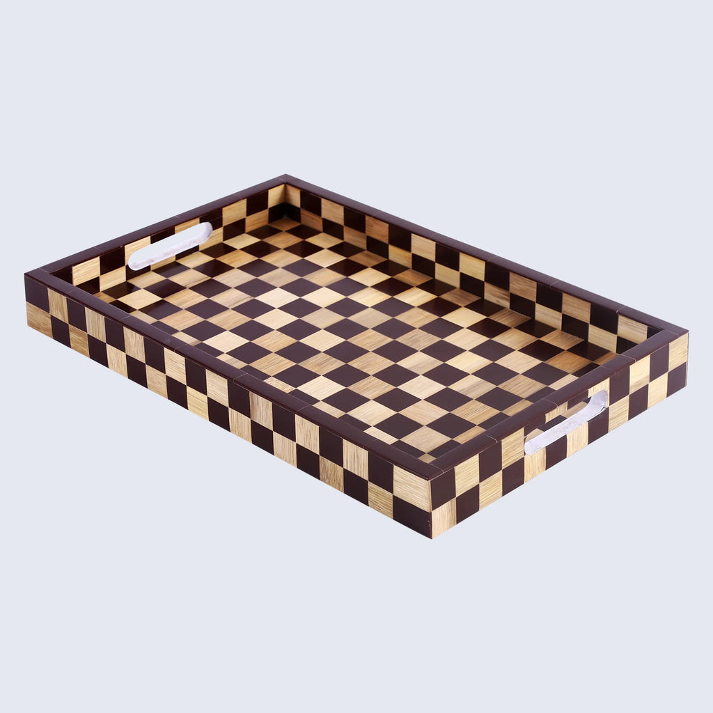 Brown Checkered Wood Inlay Decorative Tray – 17 × 11 Inches