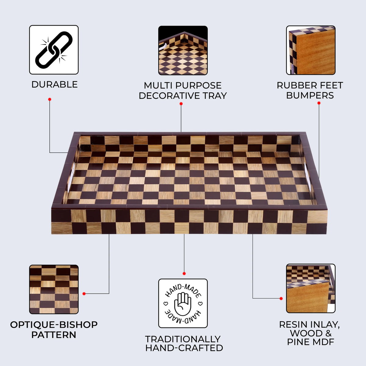 Brown Checkered Wood Inlay Decorative Tray – 17 × 11 Inches