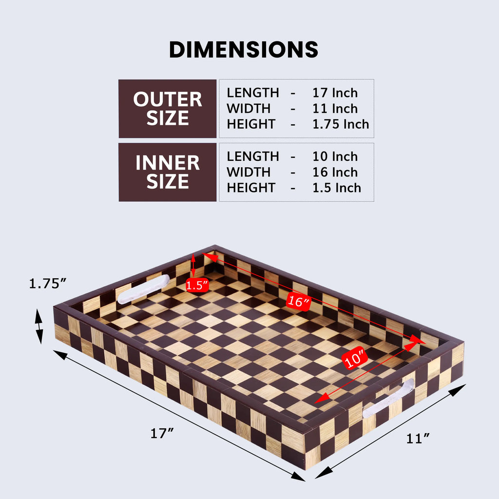 Brown Checkered Wood Inlay Decorative Tray – 17 × 11 Inches