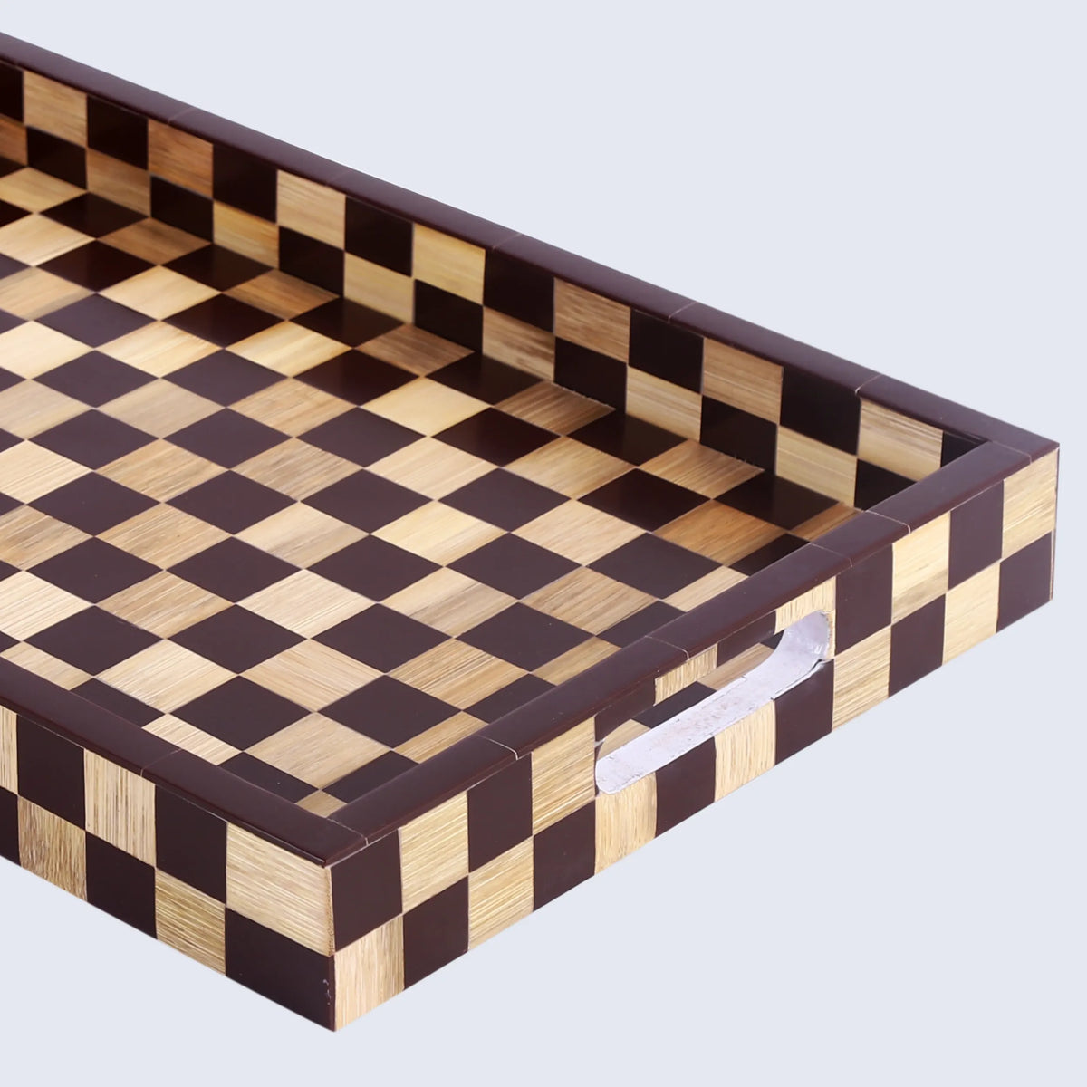 Brown Checkered Wood Inlay Decorative Tray – 17 × 11 Inches