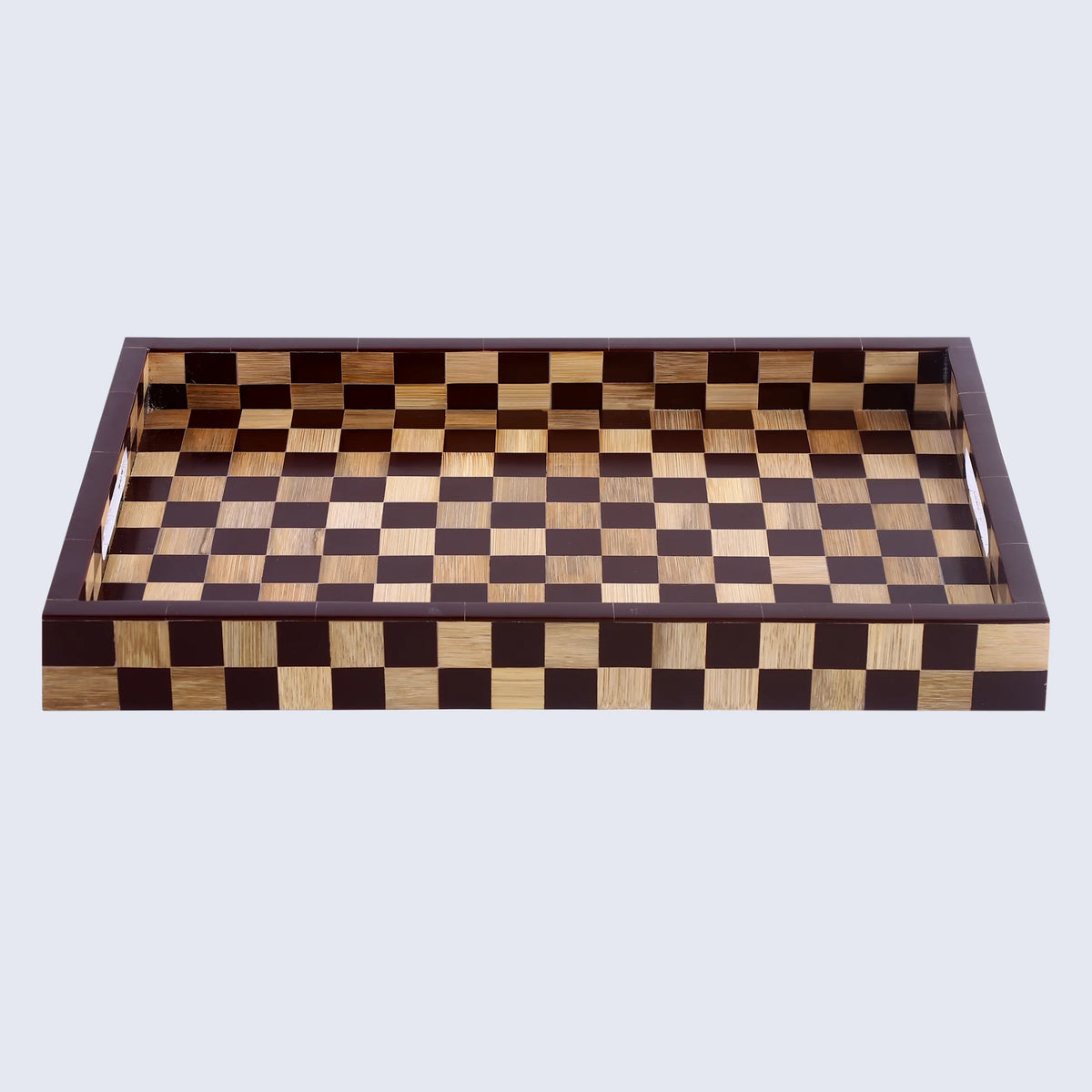 Brown Checkered Wood Inlay Decorative Tray – 17 × 11 Inches