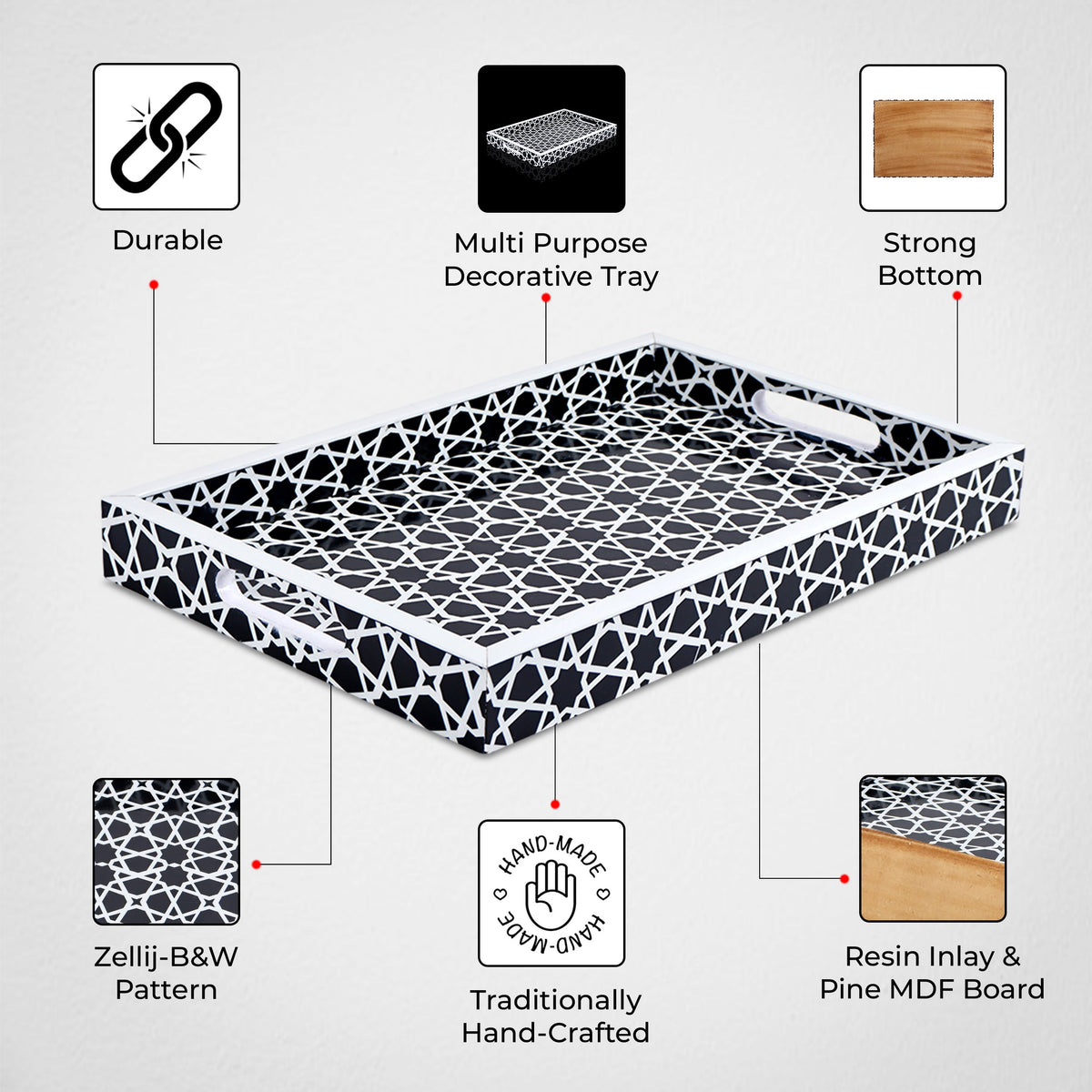 Zellij Grande Resin Inlay Decorative Tray – Black & White