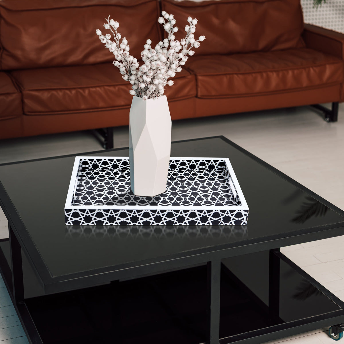 Zellij Grande Resin Inlay Decorative Tray – Black & White