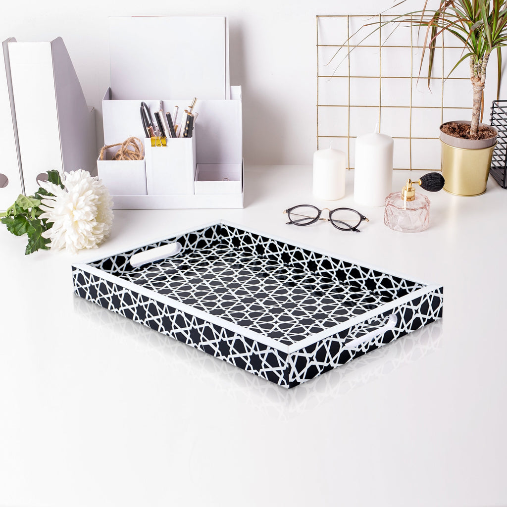 Zellij Grande Resin Inlay Decorative Tray – Black & White