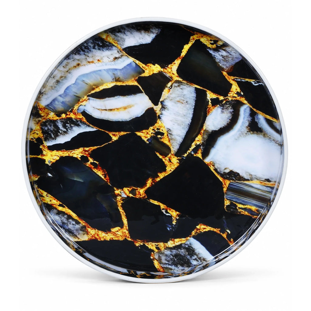 12-Inch Round Resin Inlay Decorative Tray – Black, Gold & Smoky Grey