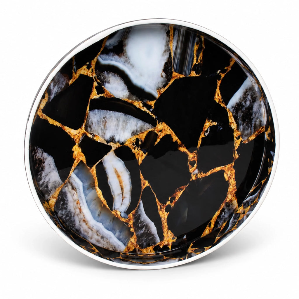 12-Inch Round Resin Inlay Decorative Tray – Black, Gold & Smoky Grey