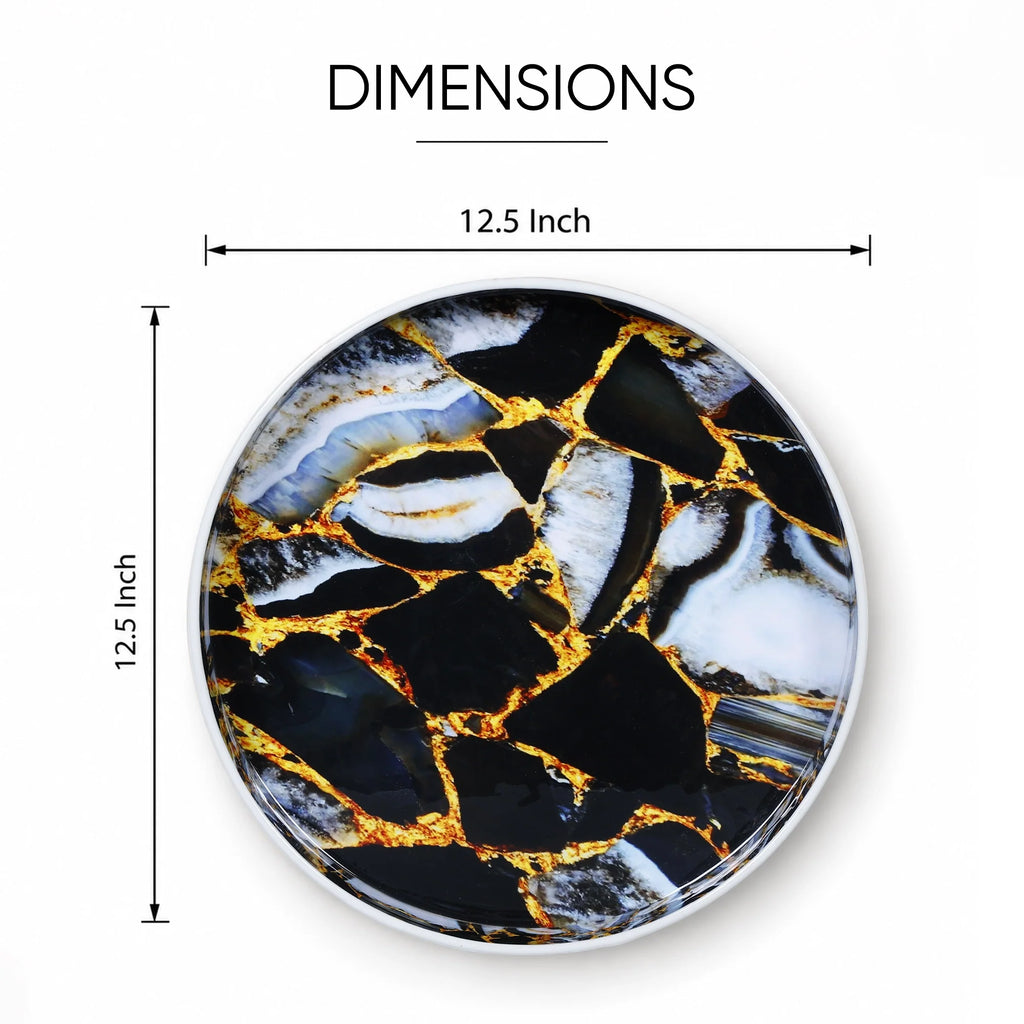 12-Inch Round Resin Inlay Decorative Tray – Black, Gold & Smoky Grey
