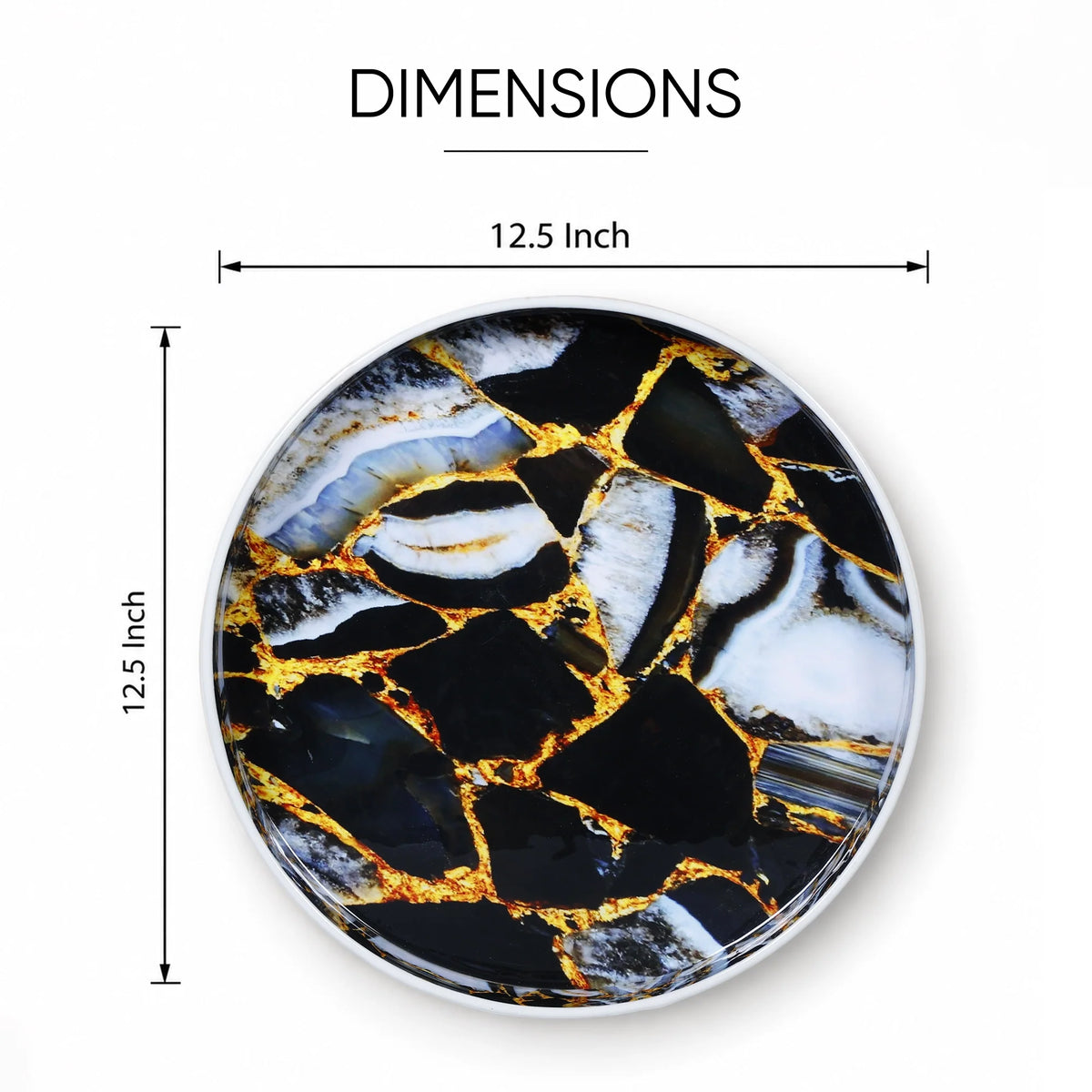 12-Inch Round Resin Inlay Decorative Tray – Black, Gold & Smoky Grey