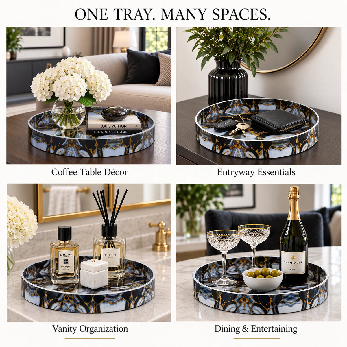12-Inch Round Resin Inlay Decorative Tray – Black, Gold & Smoky Grey