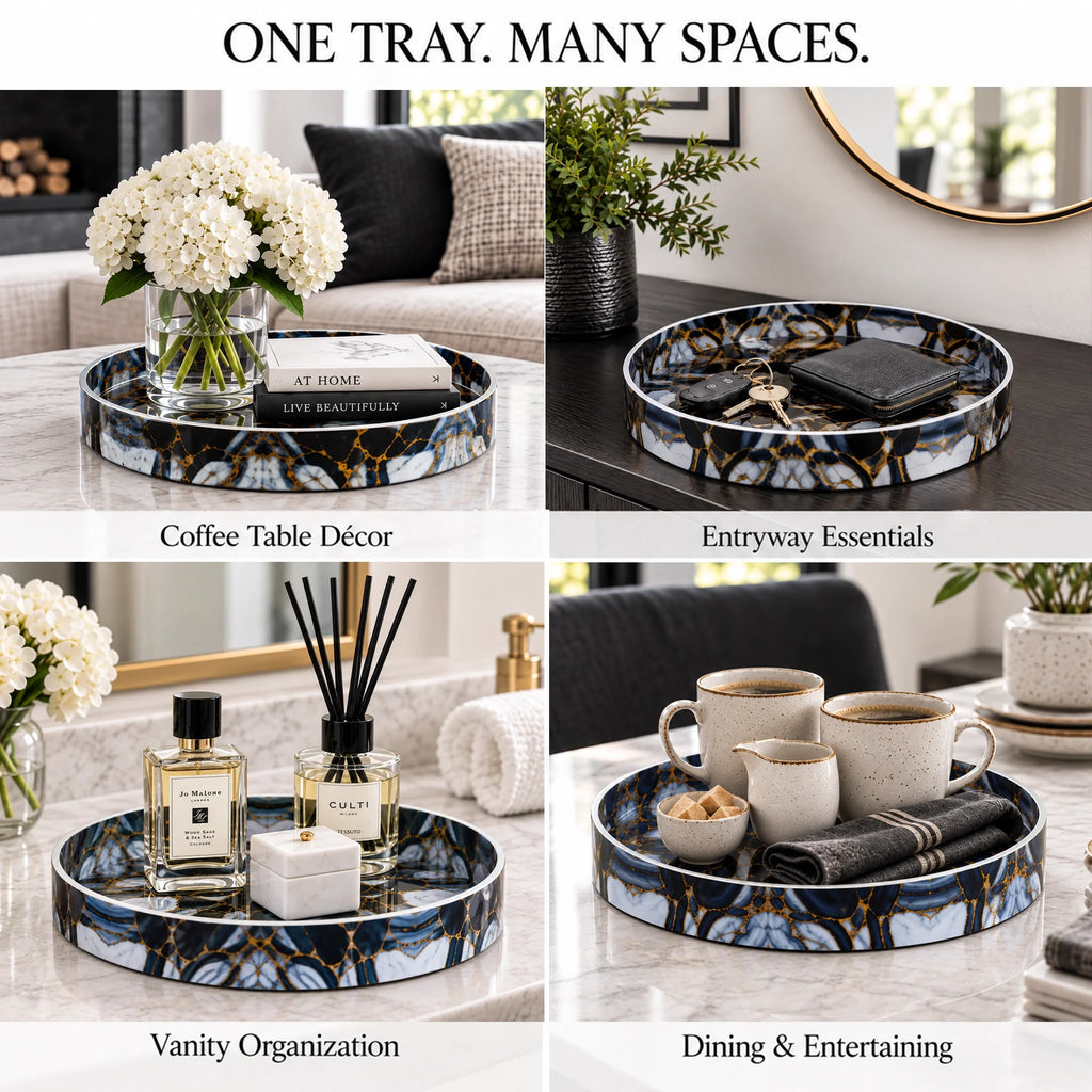 12-Inch Round Resin Inlay Decorative Tray – Black, Gold & Smoky Grey
