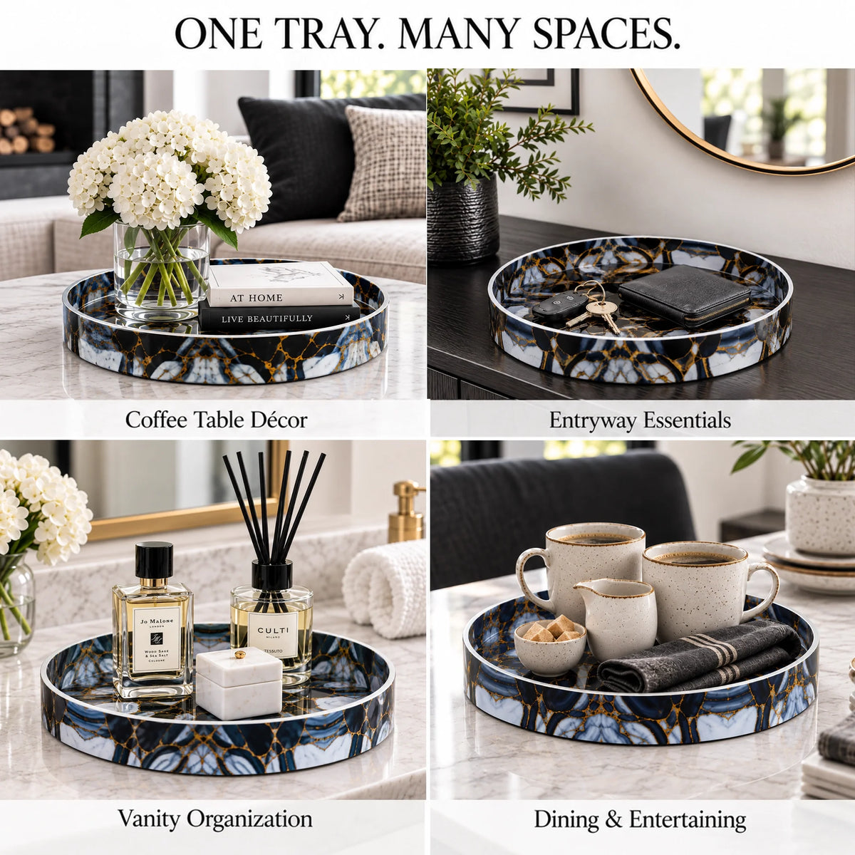 12-Inch Round Resin Inlay Decorative Tray – Black, Gold & Smoky Grey