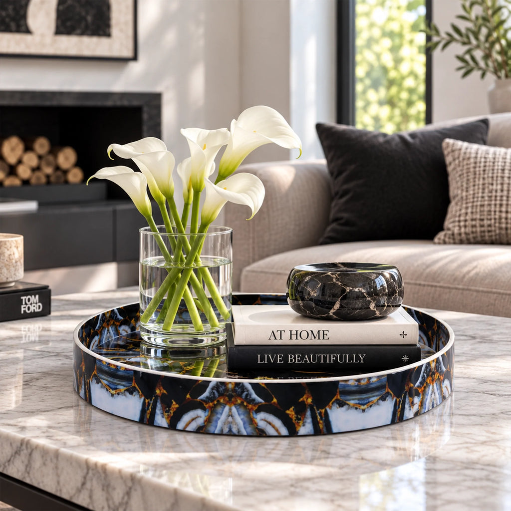 12-Inch Round Resin Inlay Decorative Tray – Black, Gold & Smoky Grey