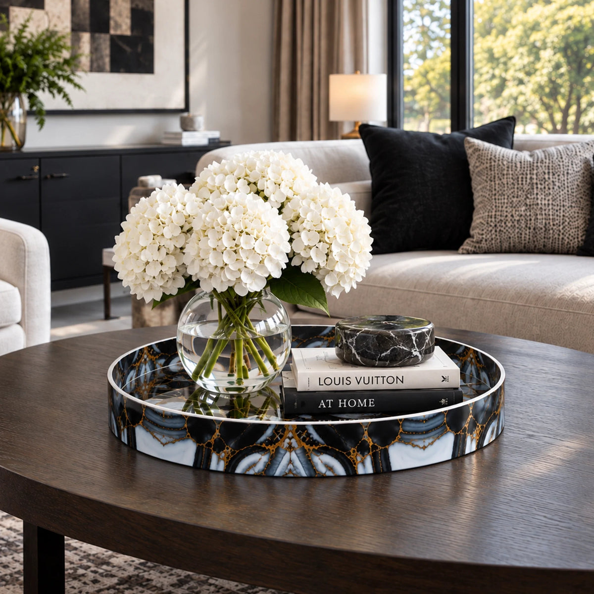 12-Inch Round Resin Inlay Decorative Tray – Black, Gold & Smoky Grey
