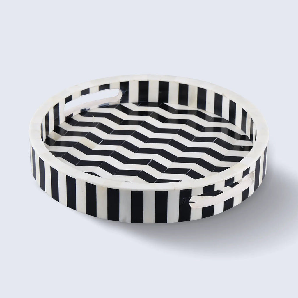 Athens Dinami 12-Inch Round Bone Inlay Decorative Tray – Black & White