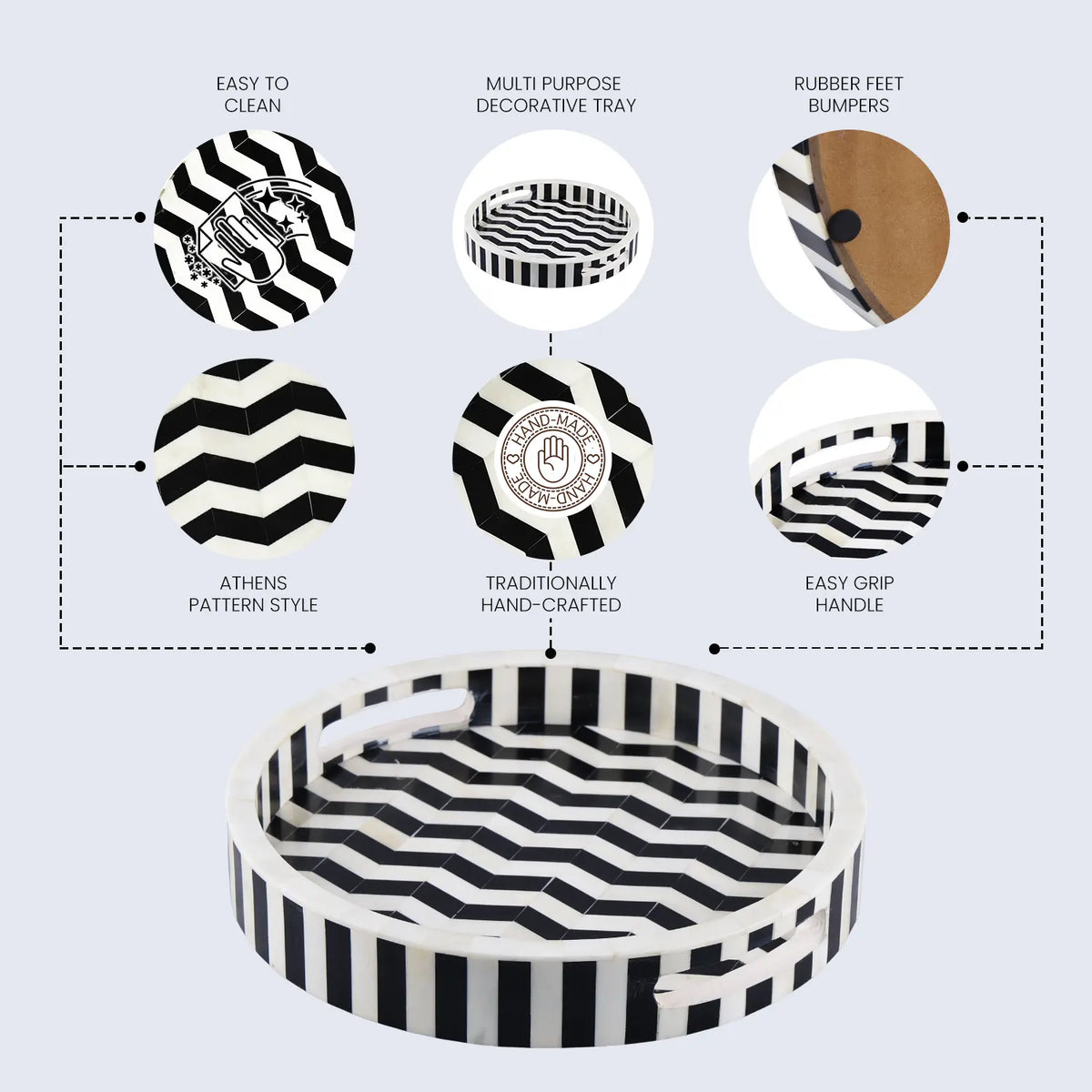 Athens Dinami 12-Inch Round Bone Inlay Decorative Tray – Black & White