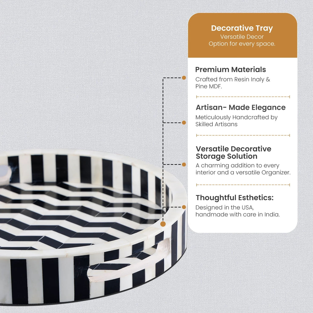 Athens Dinami 12-Inch Round Bone Inlay Decorative Tray – Black & White