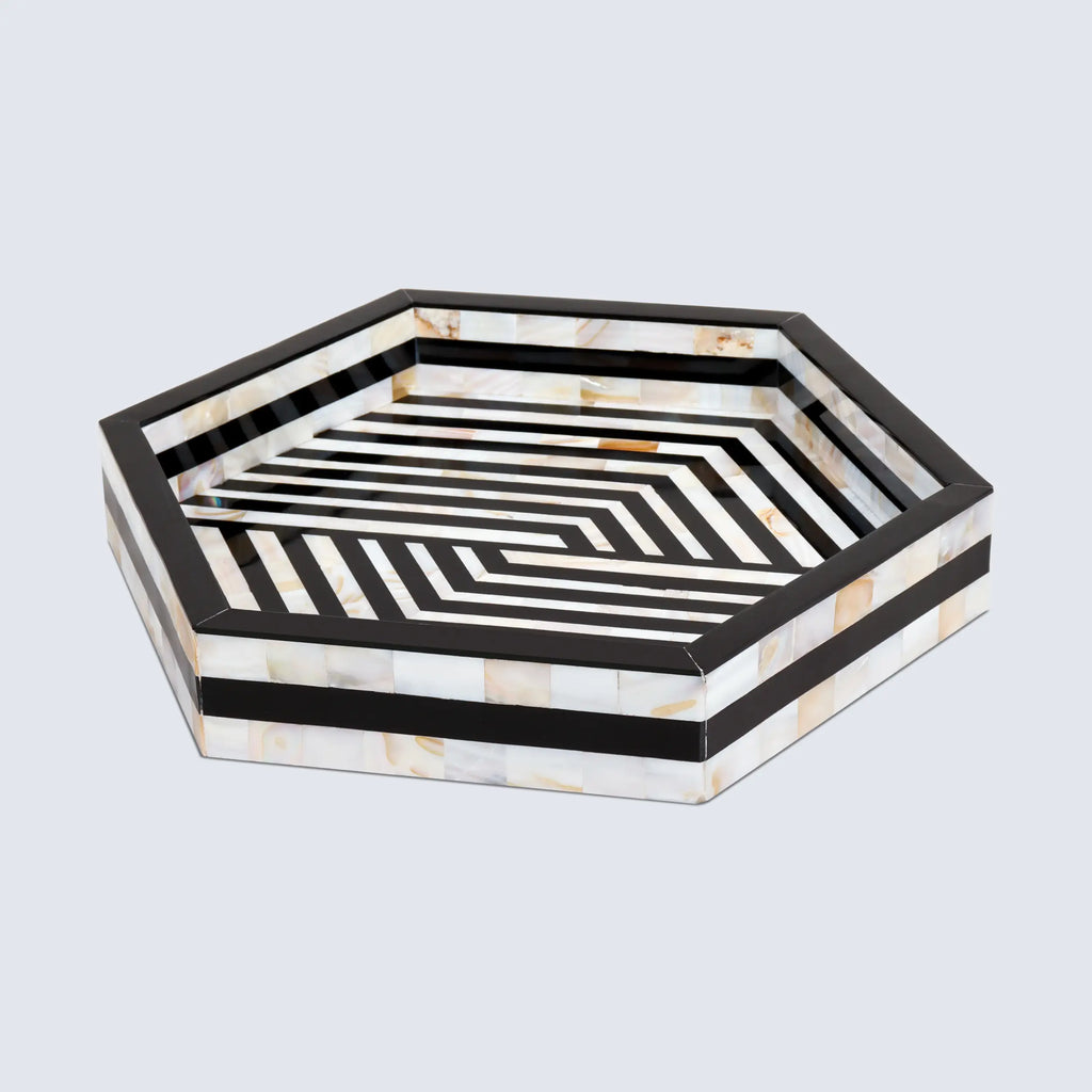 Discovery Hex Mother of Pearl Decorative Tray – Black & Ivory