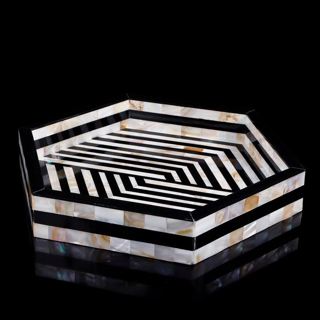 Discovery Hex Mother of Pearl Decorative Tray – Black & Ivory