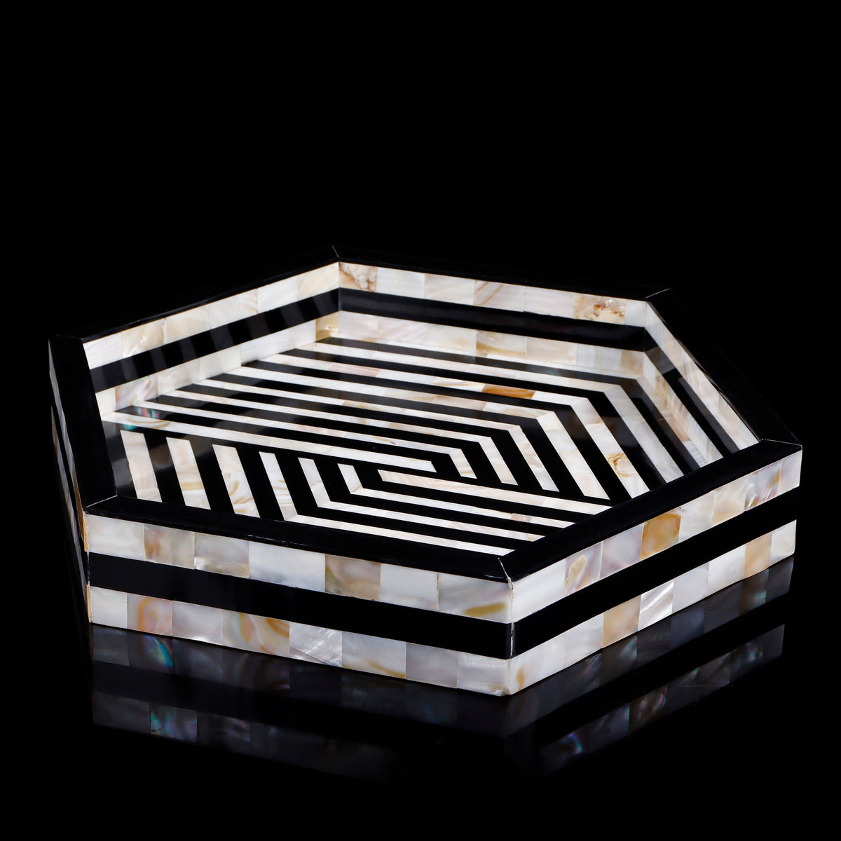 Discovery Hex Mother of Pearl Decorative Tray – Black & Ivory