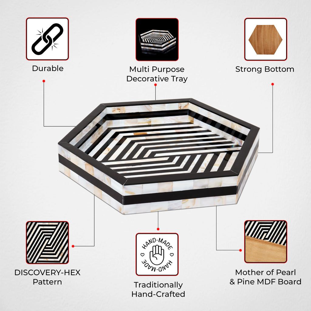 Discovery Hex Mother of Pearl Decorative Tray – Black & Ivory