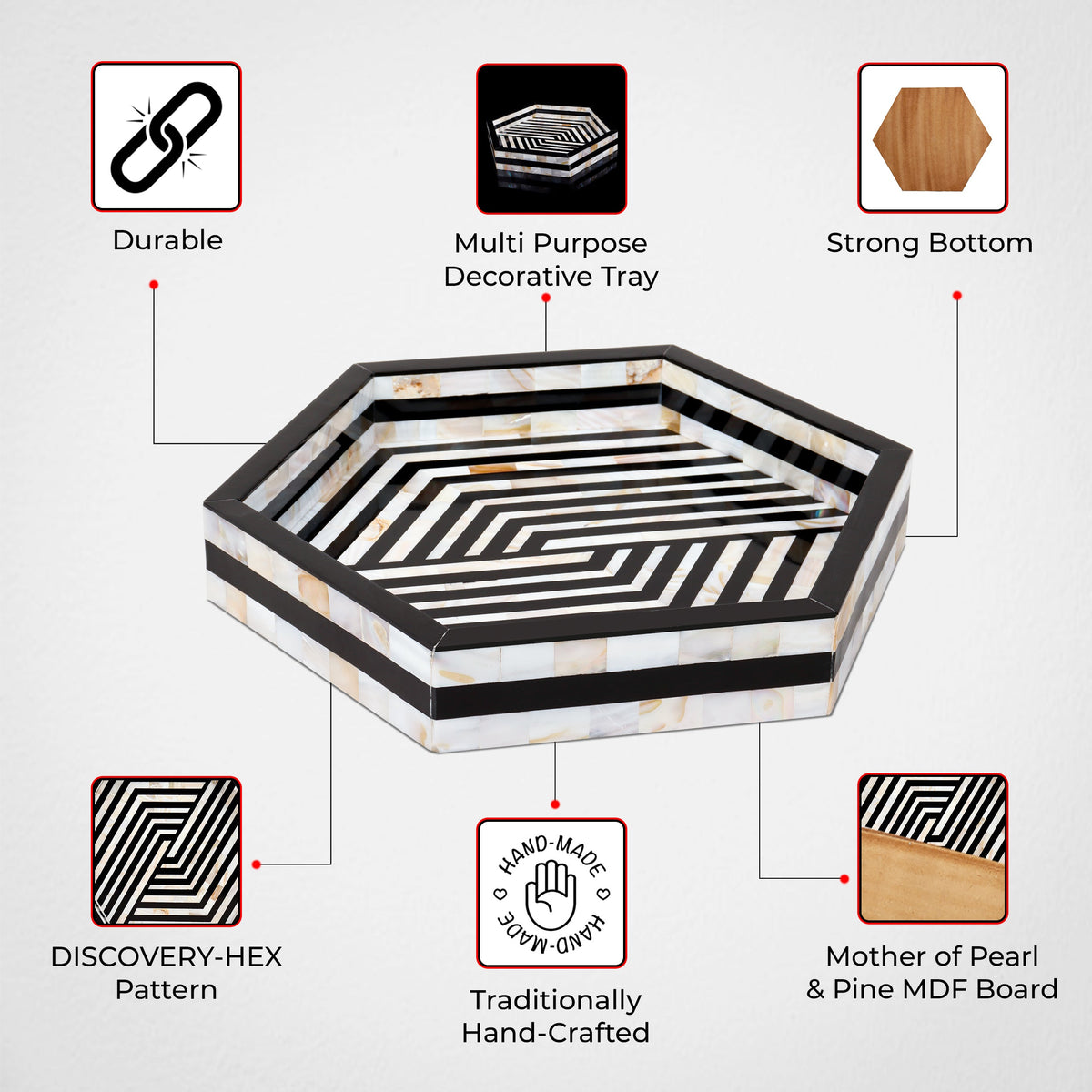 Discovery Hex Mother of Pearl Decorative Tray – Black & Ivory