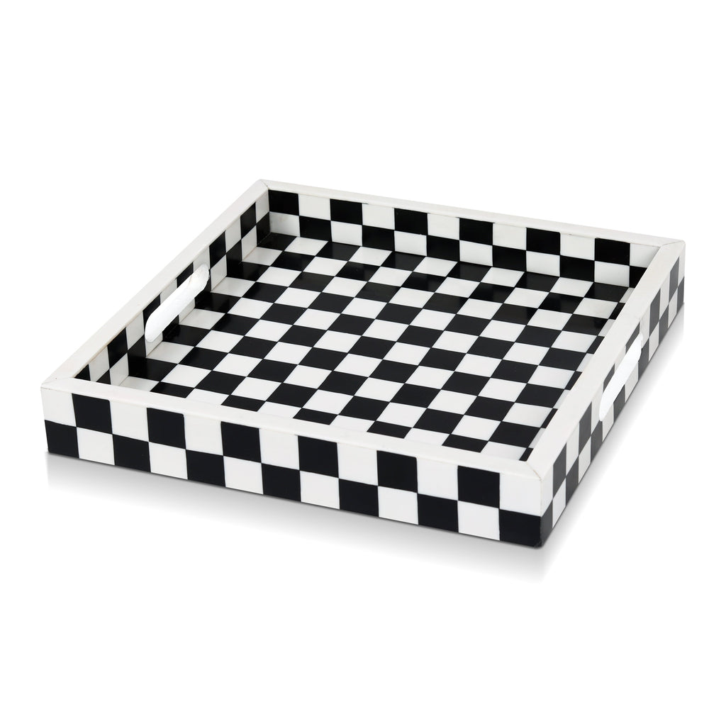 Illusion Check Decorative Tray – 12-Inch Black & White Square