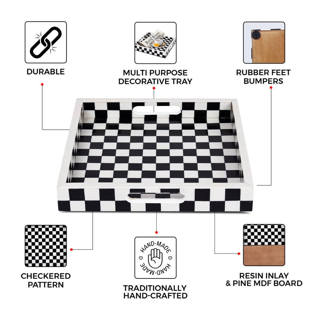 Illusion Check Decorative Tray – 12-Inch Black & White Square
