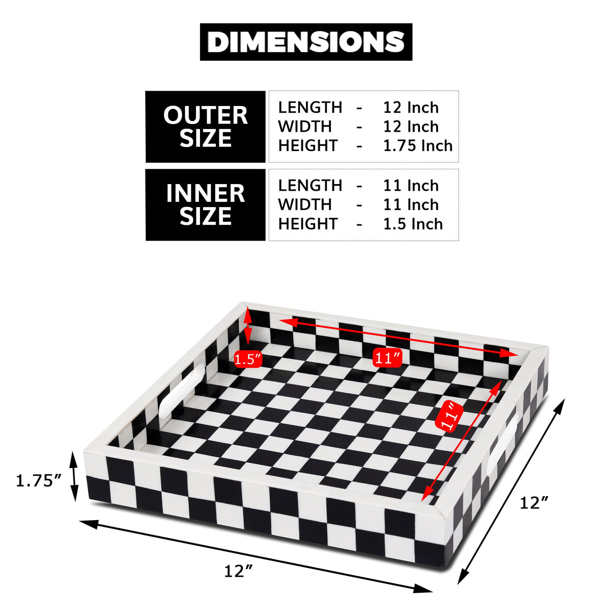 Illusion Check Decorative Tray – 12-Inch Black & White Square