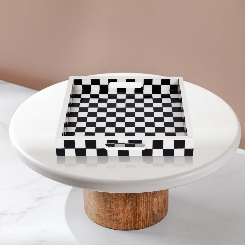 Illusion Check Decorative Tray – 12-Inch Black & White Square