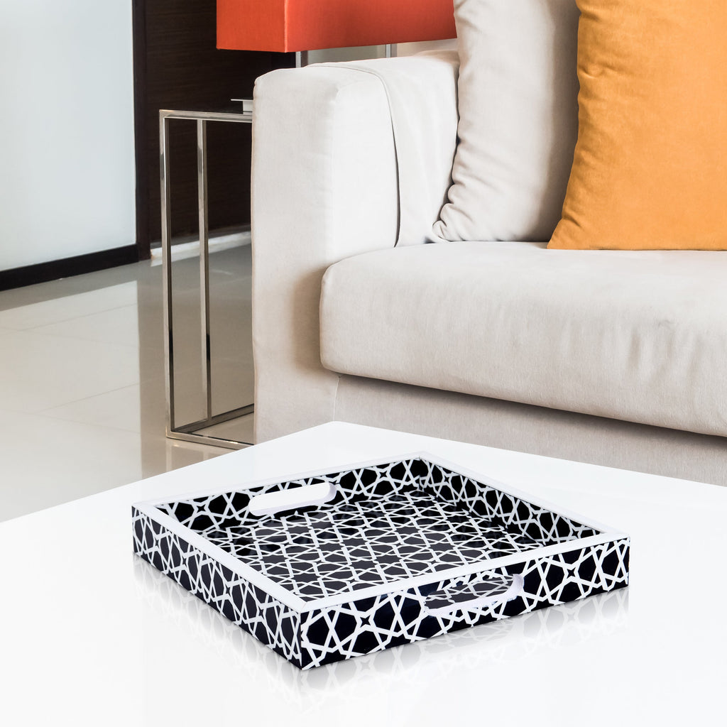 Zellij Grande Resin Inlay Decorative Tray – Black & White