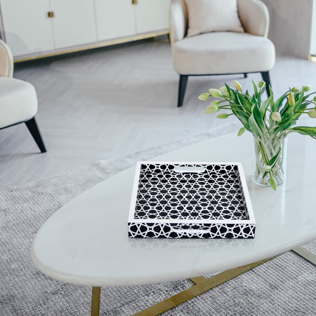 Zellij Grande Resin Inlay Decorative Tray – Black & White