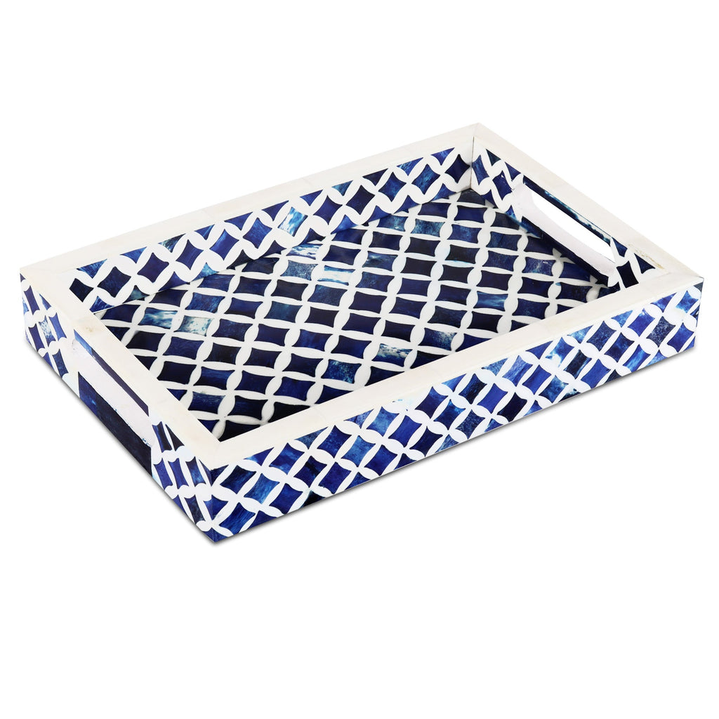 Indigo Bone & Resin Inlay Decorative Tray – Blue & White, 12 × 8 Inches