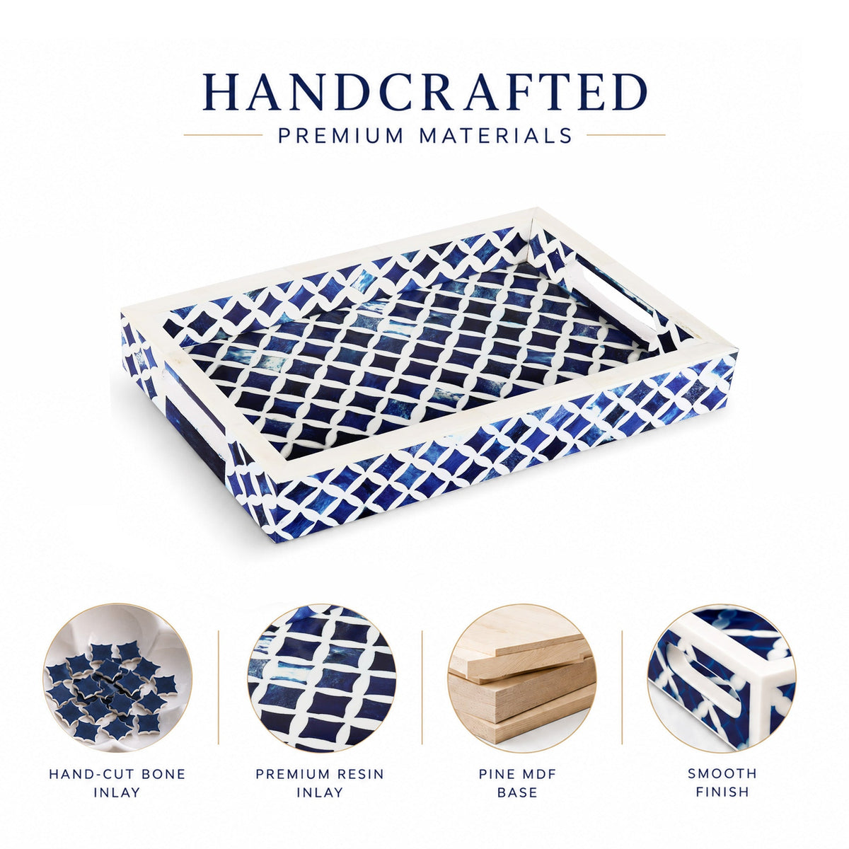 Indigo Bone & Resin Inlay Decorative Tray – Blue & White, 12 × 8 Inches