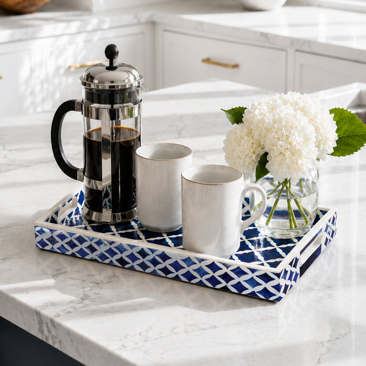 Indigo Bone & Resin Inlay Decorative Tray – Blue & White, 12 × 8 Inches