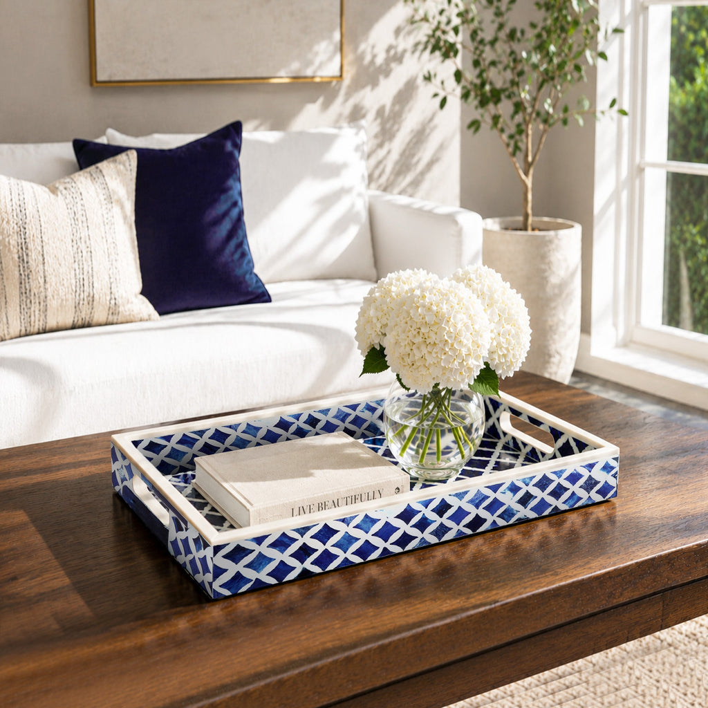 Indigo Bone & Resin Inlay Decorative Tray – Blue & White, 12 × 8 Inches