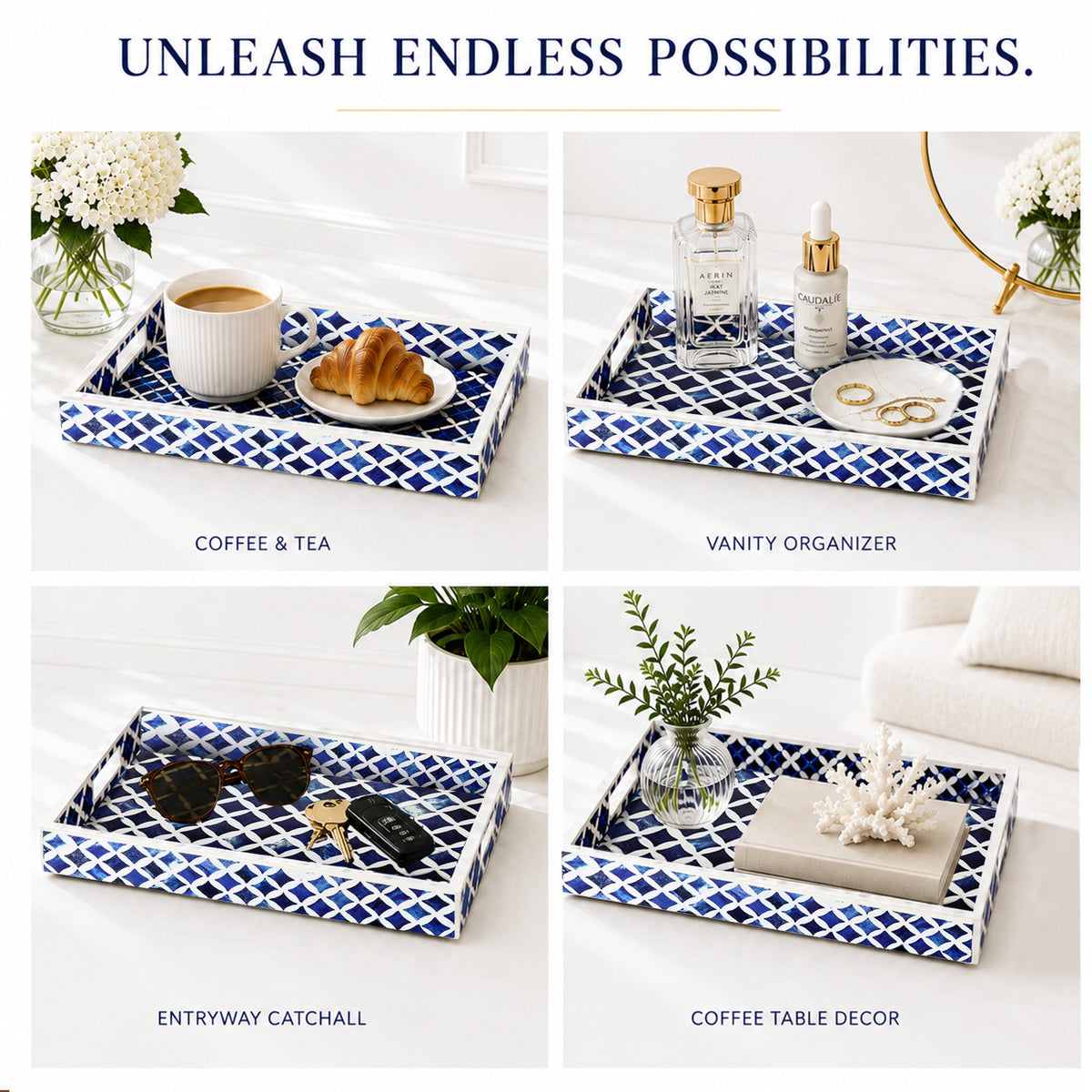 Indigo Bone & Resin Inlay Decorative Tray – Blue & White, 12 × 8 Inches