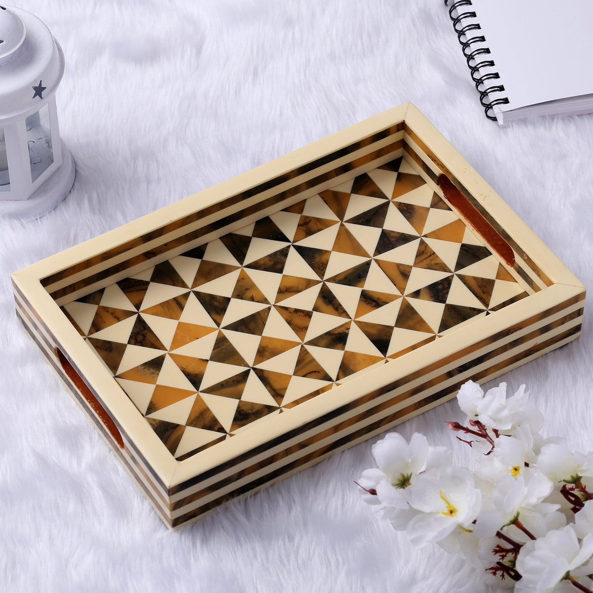 Triangle Pattern Resin Inlay Decorative Tray – Brown, 12 × 8 Inches