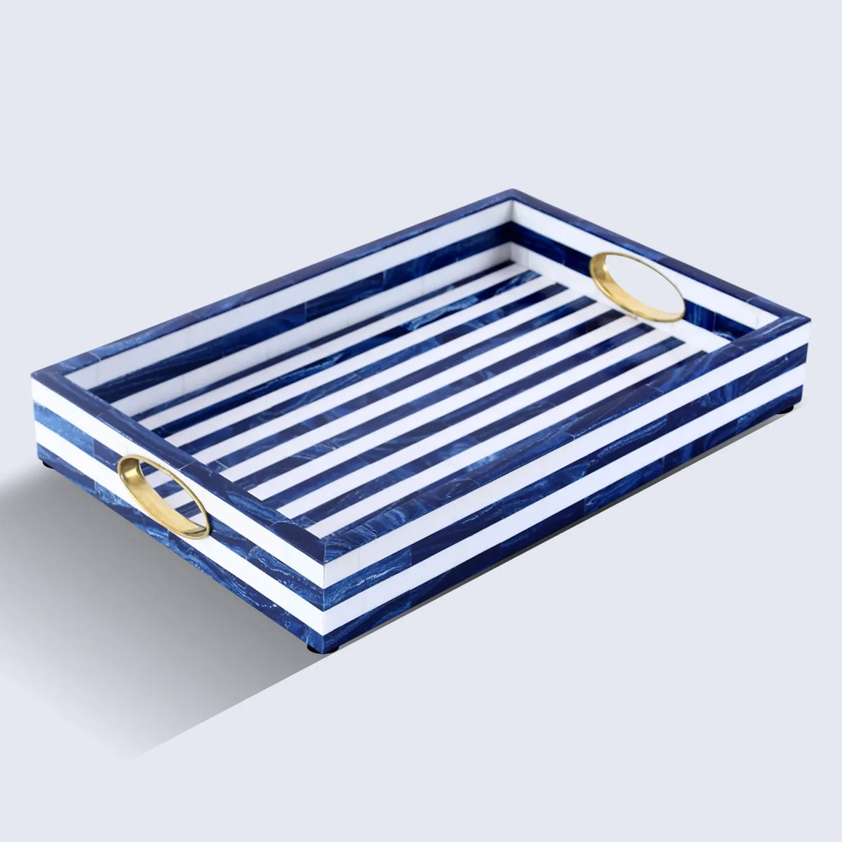 Optique Madrid Decorative Tray with Brass Handles – Blue & White, 17 × 11 Inches