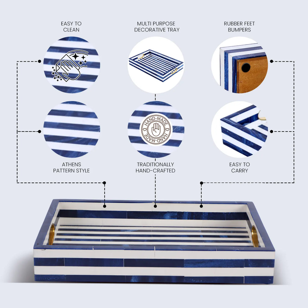 Optique Madrid Decorative Tray with Brass Handles – Blue & White, 17 × 11 Inches