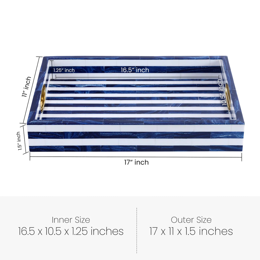Optique Madrid Decorative Tray with Brass Handles – Blue & White, 17 × 11 Inches