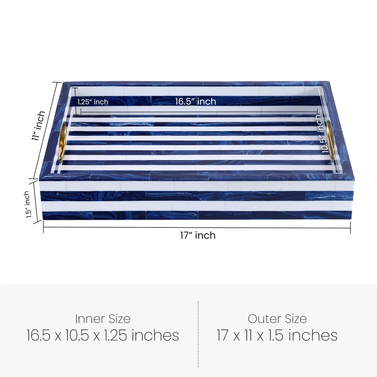 Optique Madrid Decorative Tray with Brass Handles – Blue & White, 17 × 11 Inches