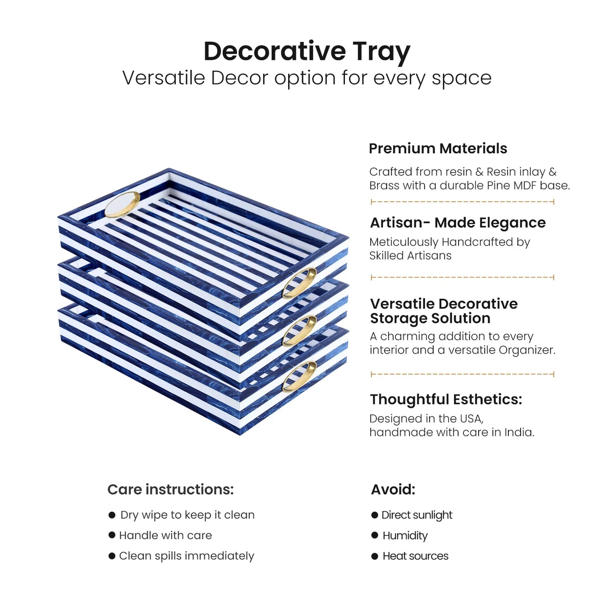Optique Madrid Decorative Tray with Brass Handles – Blue & White, 17 × 11 Inches