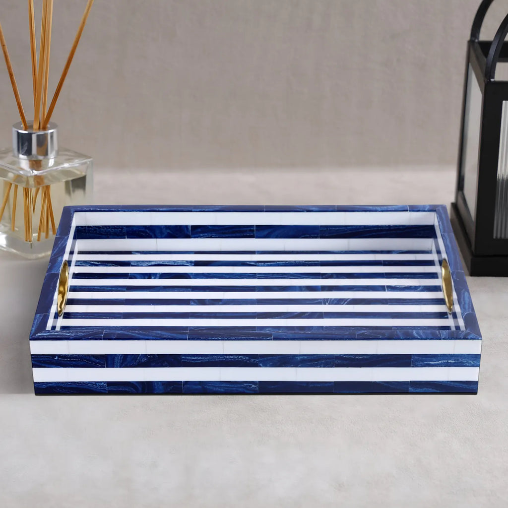 Optique Madrid Decorative Tray with Brass Handles – Blue & White, 17 × 11 Inches