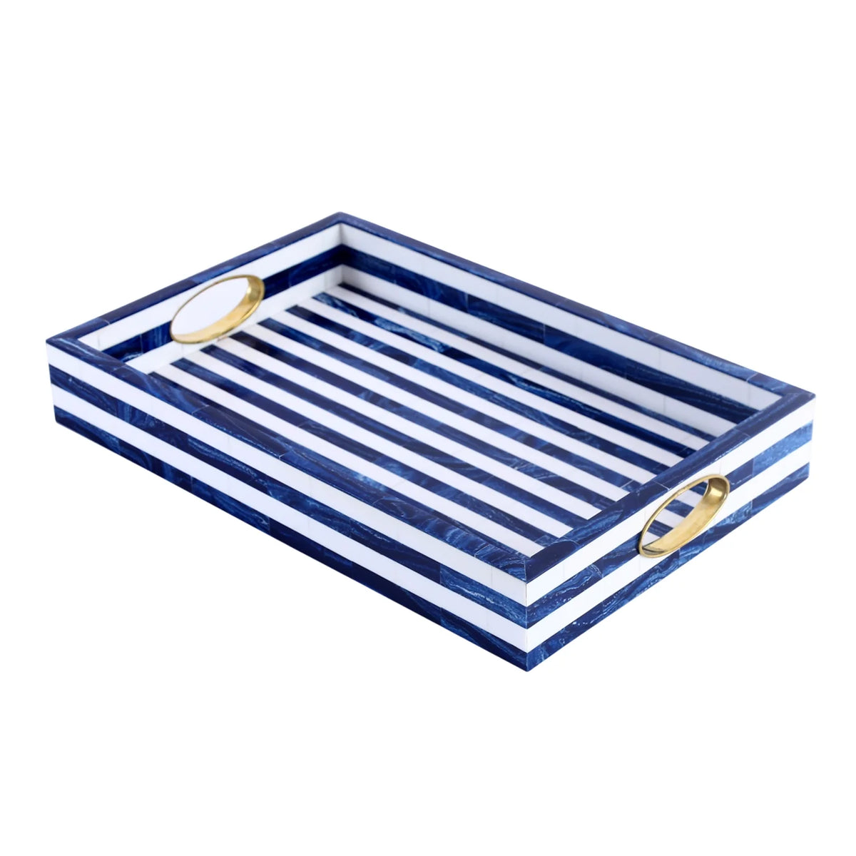 Optique Madrid Decorative Tray with Brass Handles – Blue & White, 17 × 11 Inches